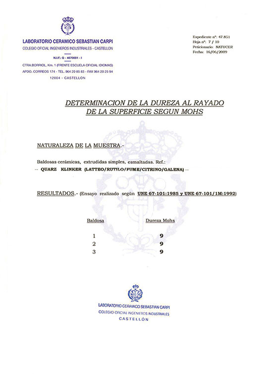 CERTIFICADO DETERMINATION OF SCRATCH HARDNESS SURFACE ACCORDING MOHS