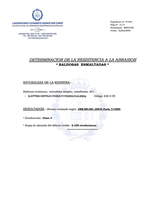 CERTIFICADO DETERMINATION OF THE ABRASION RESISTANCE