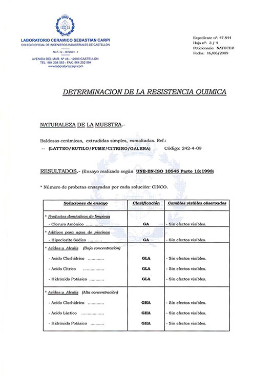 CERTIFICADO DETERMINATION OF CHEMICAL RESISTANCE